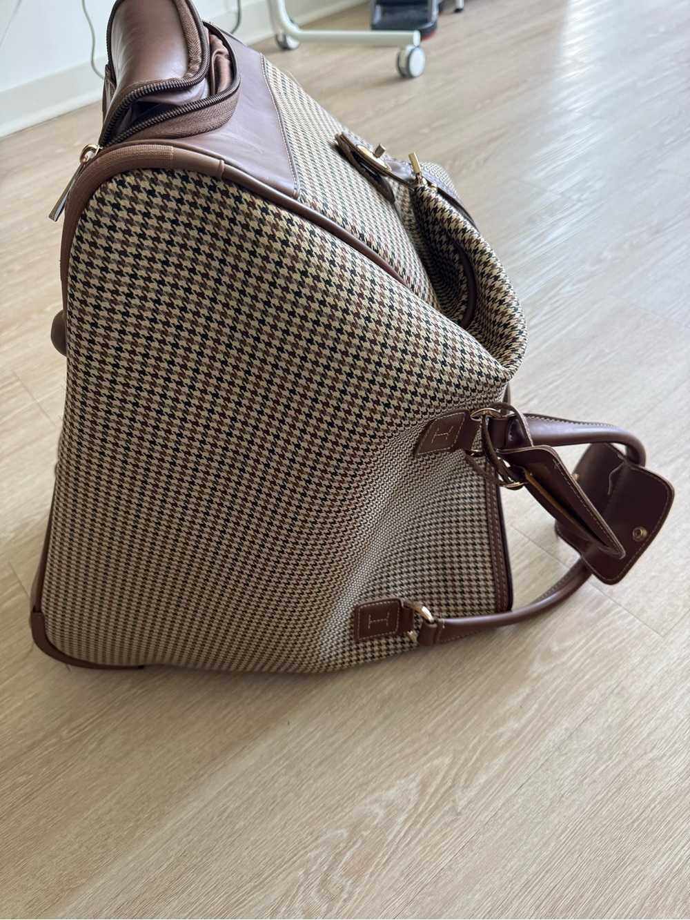 London Fog Brown Houndstooth Travel Duffel with Dark Brown Trim